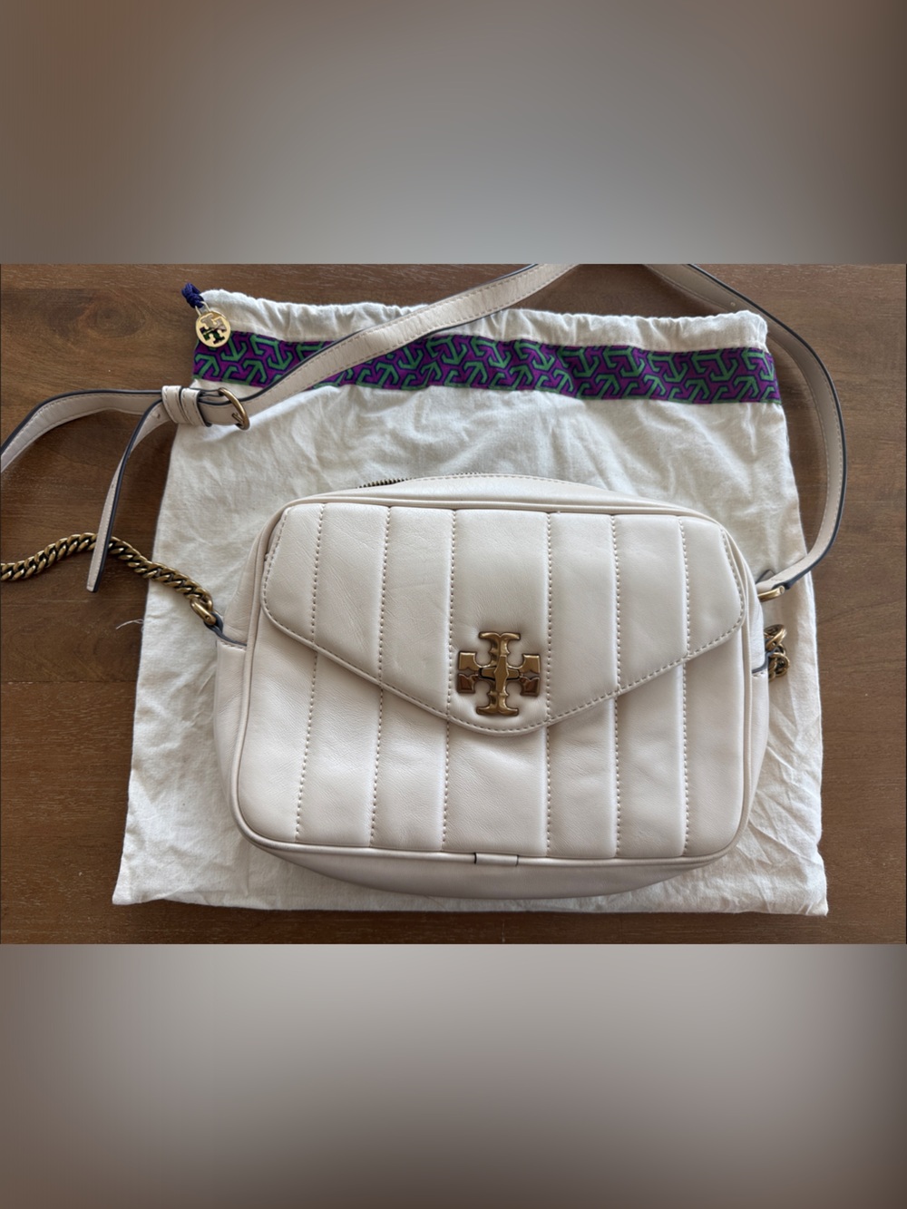 Tory Burch Ivory Quilted Leather Crossbody with Gold Logo Hardware